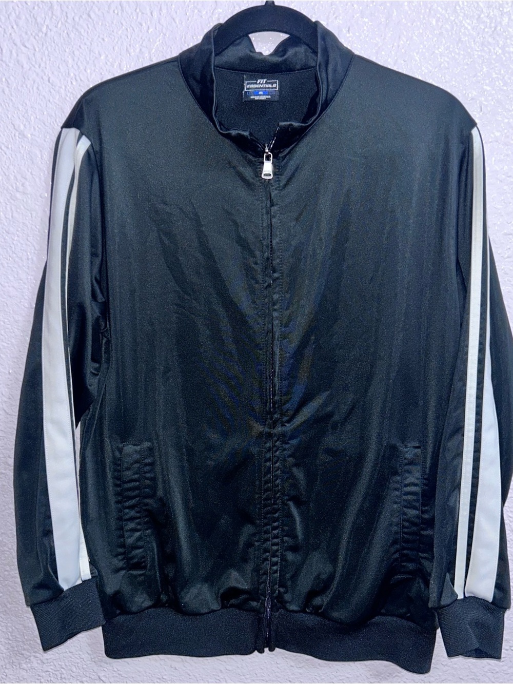 Essentials Black Windbreaker Jacket with White Sleeve Stripes